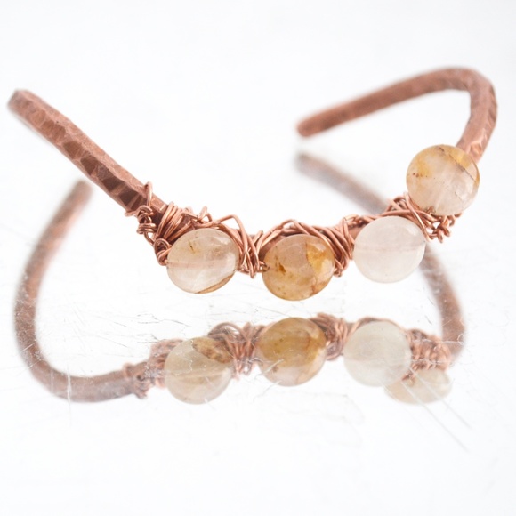 Agate Gemstone Solid Copper Cuff Bracelet Artisan - Picture 2 of 6